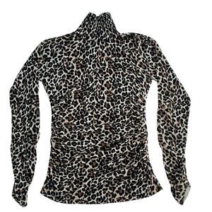 MODA International Turtleneck Sweater Cotton SMALL S Animal Print Ruched Style